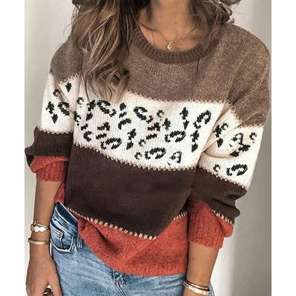 Women's Sweater Leopard Multi-color Patchwork Long Sleeve Pullover Knit Sweater