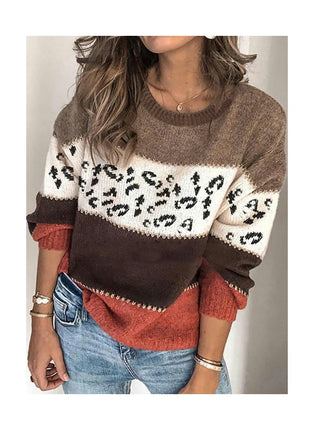 Women's Sweater Leopard Multi-color Patchwork Long Sleeve Pullover Knit Sweater