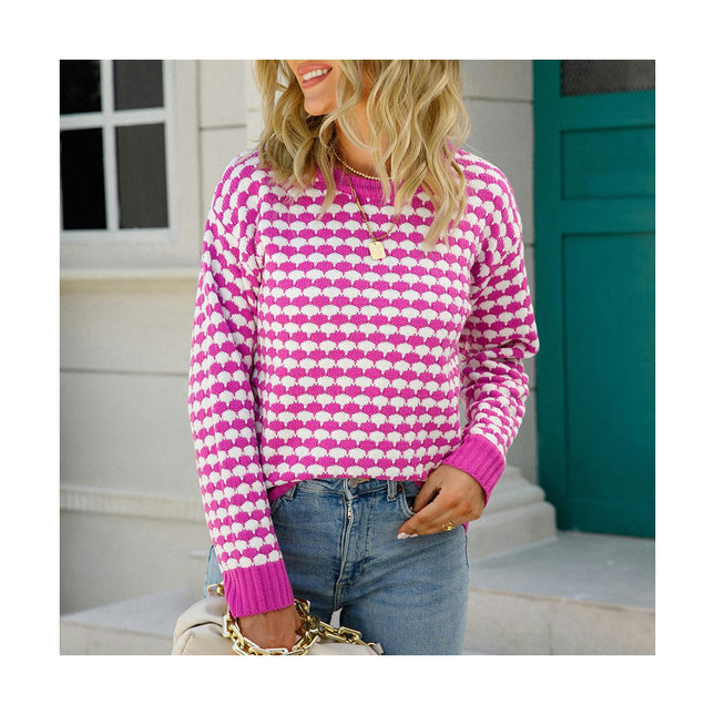 Women's Long Sleeve Round Neck Plaid Intercolor Pullover Knit Sweater Bottom Sweater