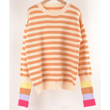 Women's Colorful Striped Sweater Round Neck Knit Sweater Pullover Patchwork Sleeve Sweater