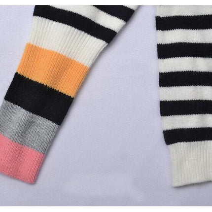 Women's Colorful Striped Sweater Round Neck Knit Sweater Pullover Patchwork Sleeve Sweater