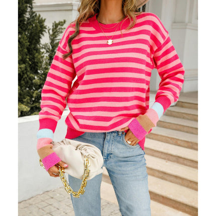 Women's Colorful Striped Sweater Round Neck Knit Sweater Pullover Patchwork Sleeve Sweater