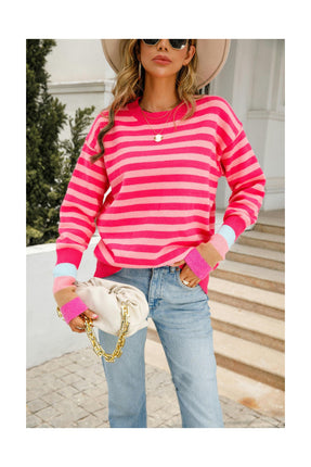 Women's Colorful Striped Sweater Round Neck Knit Sweater Pullover Patchwork Sleeve Sweater