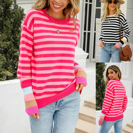 Women's Colorful Striped Sweater Round Neck Knit Sweater Pullover Patchwork Sleeve Sweater