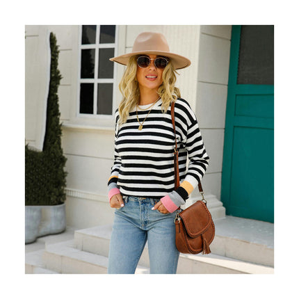 Women's Colorful Striped Sweater Round Neck Knit Sweater Pullover Patchwork Sleeve Sweater