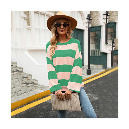 Women's Sweater Spliced Striped Round Neck Casual Knit Loose Lazy Style Sweater