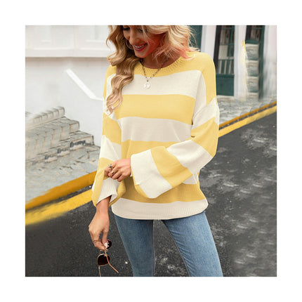 Women's Sweater Spliced Striped Round Neck Casual Knit Loose Lazy Style Sweater