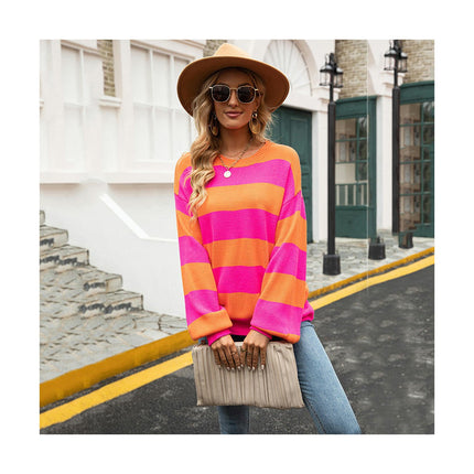 Women's Sweater Spliced Striped Round Neck Casual Knit Loose Lazy Style Sweater