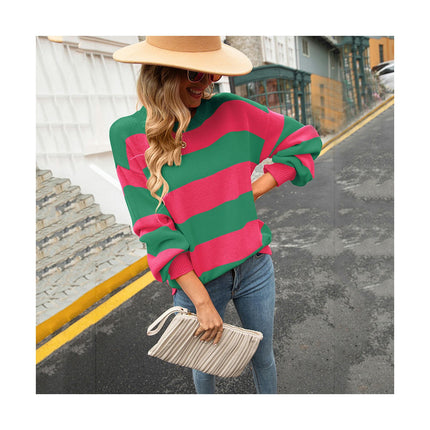 Women's Sweater Spliced Striped Round Neck Casual Knit Loose Lazy Style Sweater