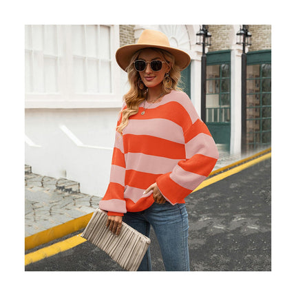 Women's Sweater Spliced Striped Round Neck Casual Knit Loose Lazy Style Sweater