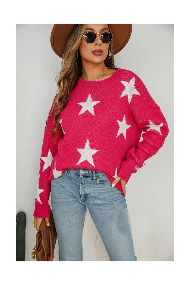 Women's Pullover Printed Knit Sweater Round Neck Pentagram Sweater Top