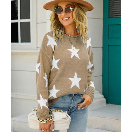 Women's Pullover Printed Knit Sweater Round Neck Pentagram Sweater Top