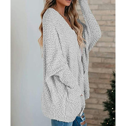 Women's Mid-Length Jacket Solid Color Loose Pocket Knit Sweater Cardigan