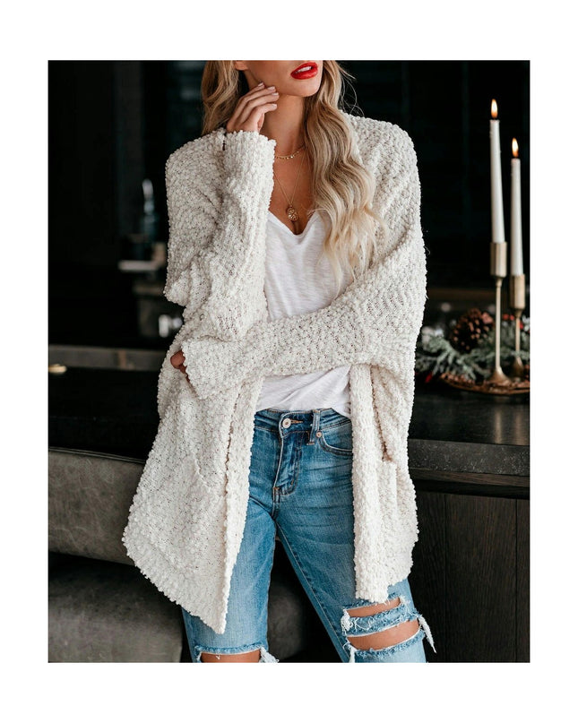 Women's Mid-Length Jacket Solid Color Loose Pocket Knit Sweater Cardigan