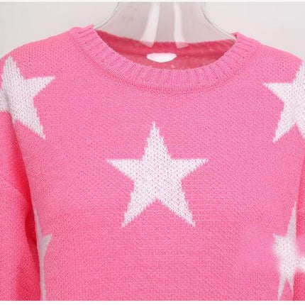 Women's Pullover Printed Knit Sweater Round Neck Pentagram Sweater Top