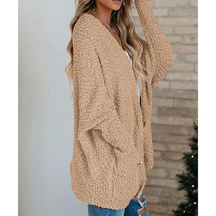 Women's Mid-Length Jacket Solid Color Loose Pocket Knit Sweater Cardigan