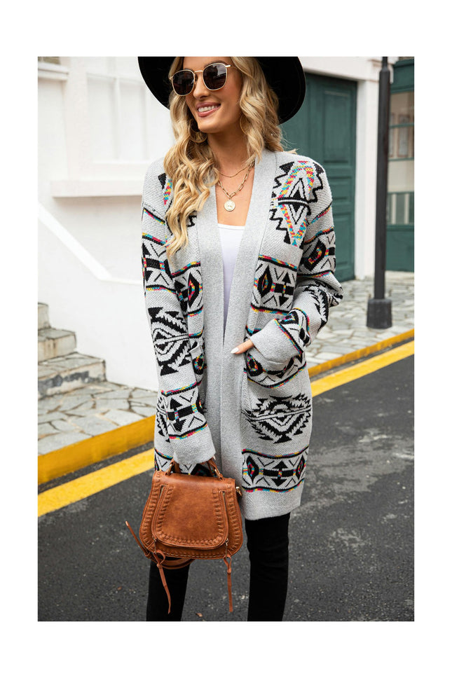 Women's Long Knitted Sweater Diamond Color Block Large Size Fashion Cardigan Sweater Jacket