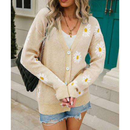 Women's Comfortable Printed Knitted Cardigan Daisy Button Jacket Sweater