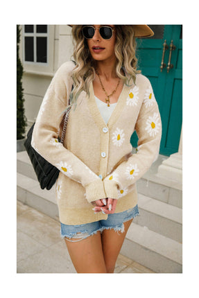 Women's Comfortable Printed Knitted Cardigan Daisy Button Jacket Sweater