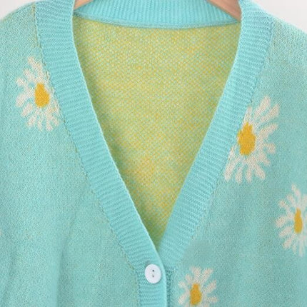 Women's Comfortable Printed Knitted Cardigan Daisy Button Jacket Sweater