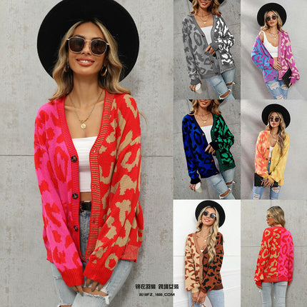 Women's Sweater Leopard Print Patchwork Cardigan Button Knit Sweater