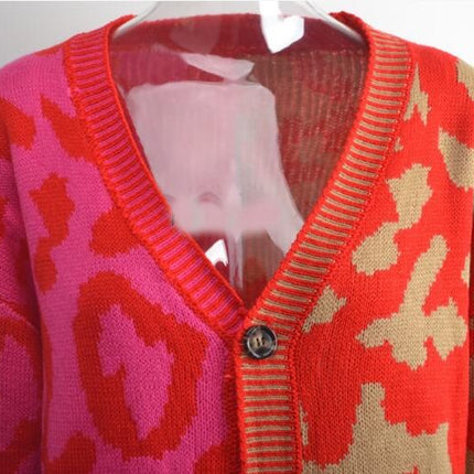 Women's Sweater Leopard Print Patchwork Cardigan Button Knit Sweater