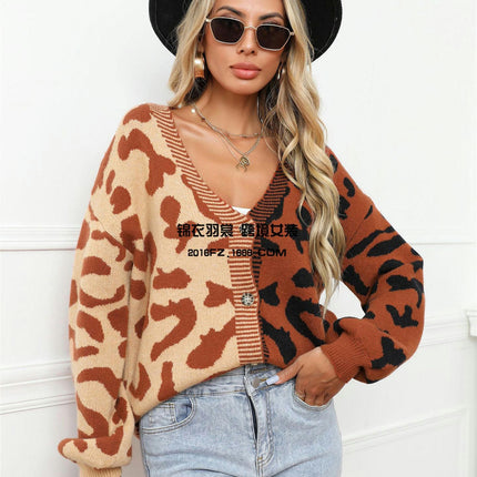 Women's Sweater Leopard Print Patchwork Cardigan Button Knit Sweater