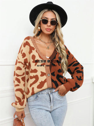 Women's Sweater Leopard Print Patchwork Cardigan Button Knit Sweater