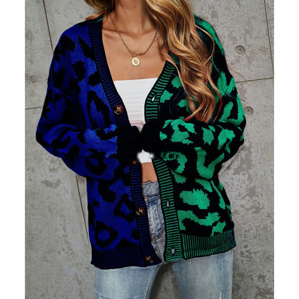 Women's Sweater Leopard Print Patchwork Cardigan Button Knit Sweater