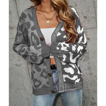 Women's Sweater Leopard Print Patchwork Cardigan Button Knit Sweater