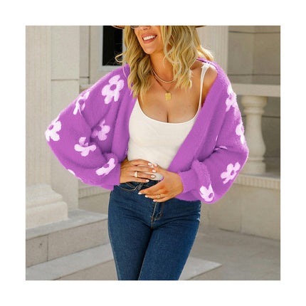 Women Trendy Short Knit Sweater Flower Long Sleeve Mink Hair Cardigan Sweater