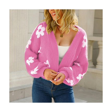 Women Trendy Short Knit Sweater Flower Long Sleeve Mink Hair Cardigan Sweater