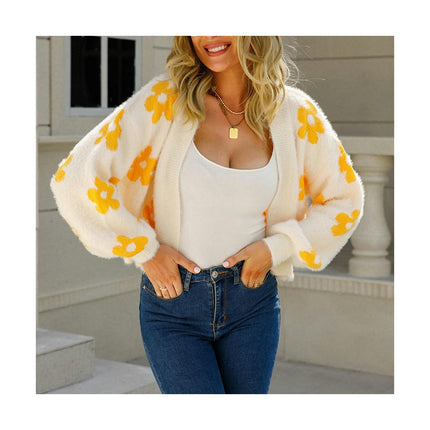 Women Trendy Short Knit Sweater Flower Long Sleeve Mink Hair Cardigan Sweater