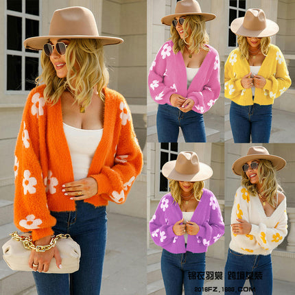 Women Trendy Short Knit Sweater Flower Long Sleeve Mink Hair Cardigan Sweater