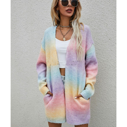 Women's Mid-Length Sweater Rainbow Tie-Dye Plus Size Cardigan Knit Jacket