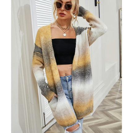 Women's Mid-Length Sweater Rainbow Tie-Dye Plus Size Cardigan Knit Jacket