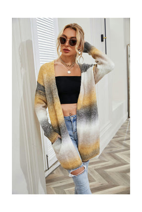 Women's Mid-Length Sweater Rainbow Tie-Dye Plus Size Cardigan Knit Jacket