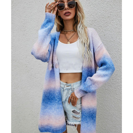 Women's Mid-Length Sweater Rainbow Tie-Dye Plus Size Cardigan Knit Jacket