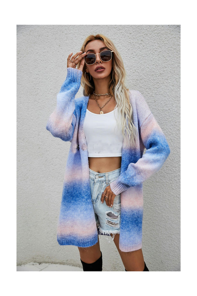 Women's Mid-Length Sweater Rainbow Tie-Dye Plus Size Cardigan Knit Jacket