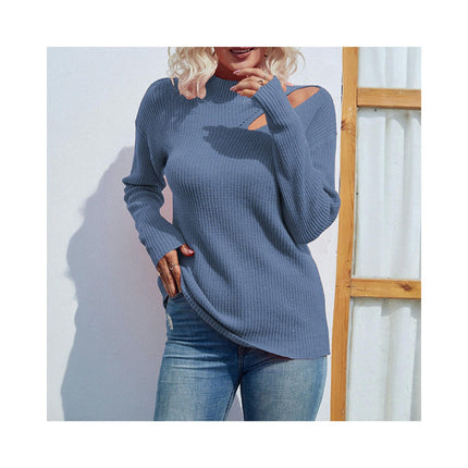 Women's Solid Color Long Sleeve Knit Half High Neck Left Shoulder Open Hole Pullover Sweater Top