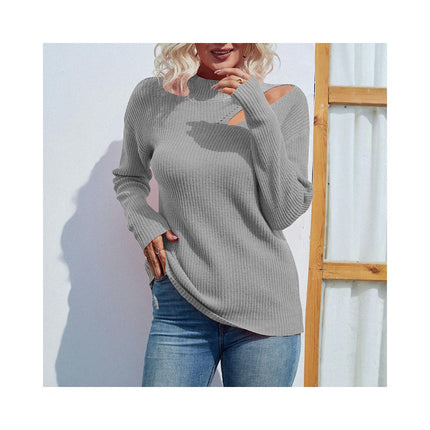 Women's Solid Color Long Sleeve Knit Half High Neck Left Shoulder Open Hole Pullover Sweater Top