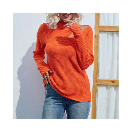 Women's Solid Color Long Sleeve Knit Half High Neck Left Shoulder Open Hole Pullover Sweater Top