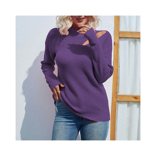 Women's Solid Color Long Sleeve Knit Half High Neck Left Shoulder Open Hole Pullover Sweater Top