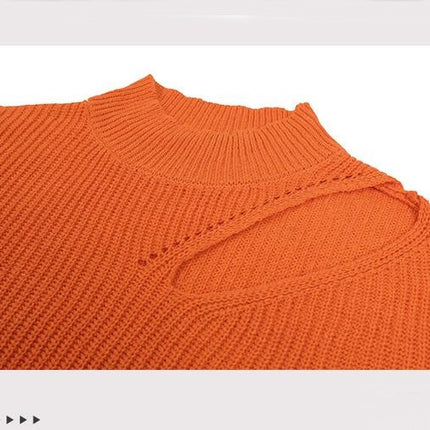 Women's Solid Color Long Sleeve Knit Half High Neck Left Shoulder Open Hole Pullover Sweater Top