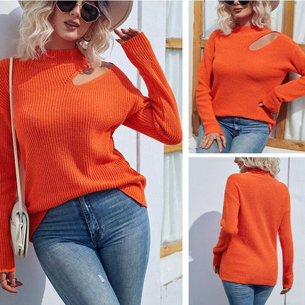 Women's Solid Color Long Sleeve Knit Half High Neck Left Shoulder Open Hole Pullover Sweater Top