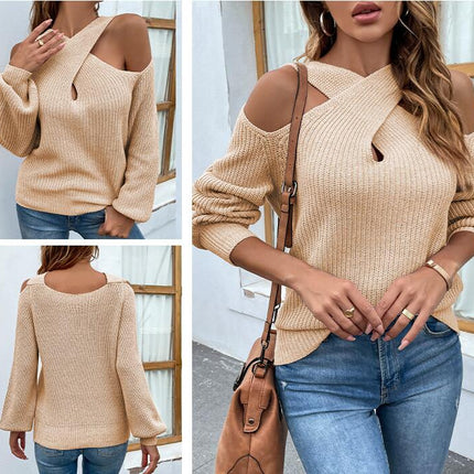 Women's Sweater Off Shoulder Top Crossover V-Neck Long Sleeve Knit Short Neck Pullover