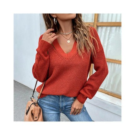 Women Solid Color V-Neck Pullover Sweater Sexy Shoulder Casual Long Sleeve Knit Sweater