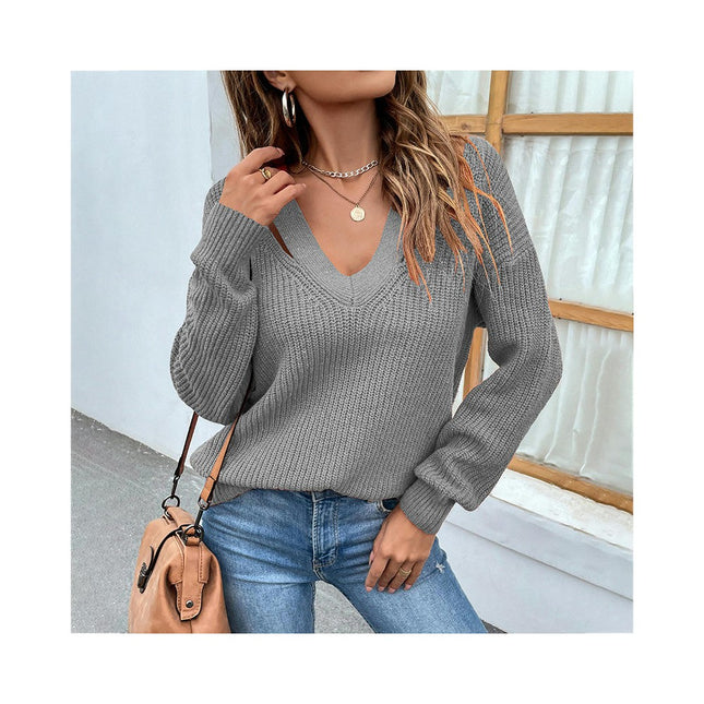 Women Solid Color V-Neck Pullover Sweater Sexy Shoulder Casual Long Sleeve Knit Sweater