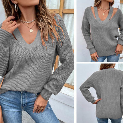 Women Solid Color V-Neck Pullover Sweater Sexy Shoulder Casual Long Sleeve Knit Sweater