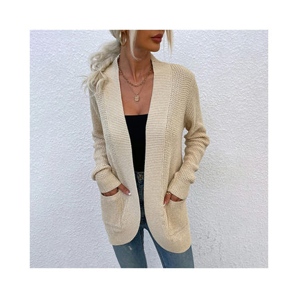 Women's Long Knit Ribbed Cuff Hem Curved Long Sleeve Pocket Sweater Jacket